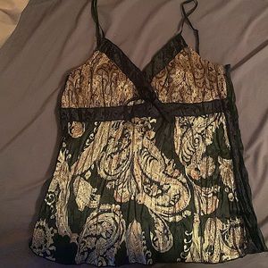 Black and tan silk tank top with fancy pattern